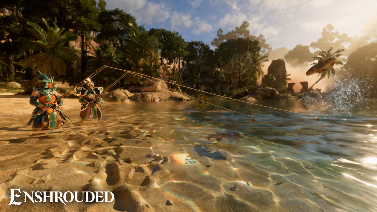 Bright sun over clear shallow water rippling across sand. Two figures in colorful armor and helmets stand at left holding long fishing rods whose lines stretch across the water. At right a large fish leaps from a splash. Palm trees and rocks line the far shore. The Enshrouded logo is at bottom left.