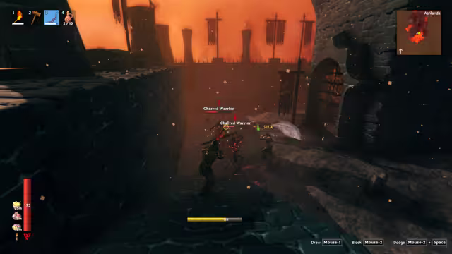 Gameplay screenshot: two Vikings battle burnt skeletal warriors labeled Charred Warrior in a stone courtyard with black banners, an iron gate and an orange sky