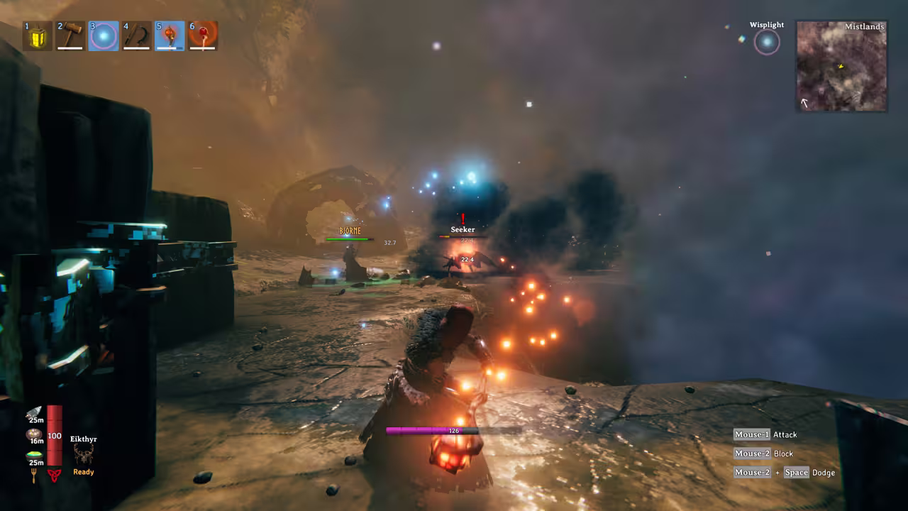 Screenshot of a Viking fighting a Seeker in a misty ruin at night; in the bottom-left corner the HUD shows three food icons, a red health bar reading 100, an antlered trophy icon labeled Eikthyr and the word Ready