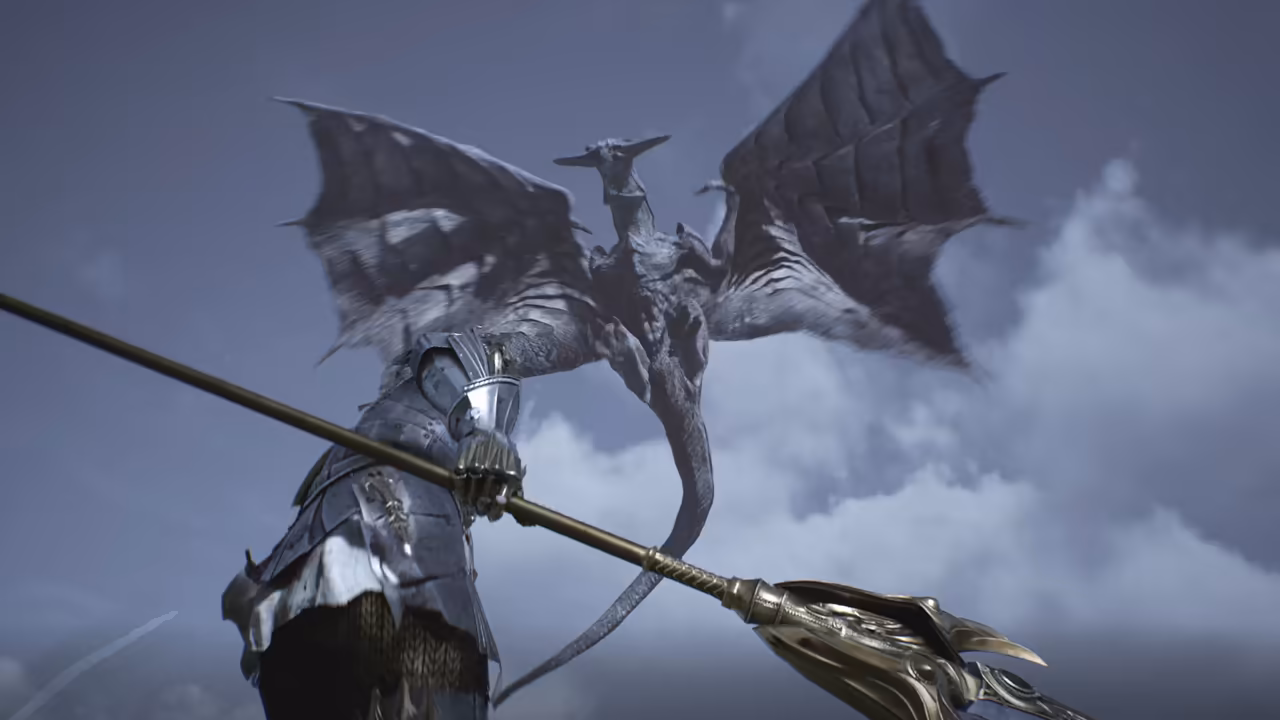 Seen from a low angle behind his shoulder, a figure in silver plate armor and mail grips a long dark spear with an ornate golden blade that crosses the whole image. Above him a large gray dragon with ragged, outspread wings, a long neck and a long tail hovers against heavy clouds. No game interface is shown.