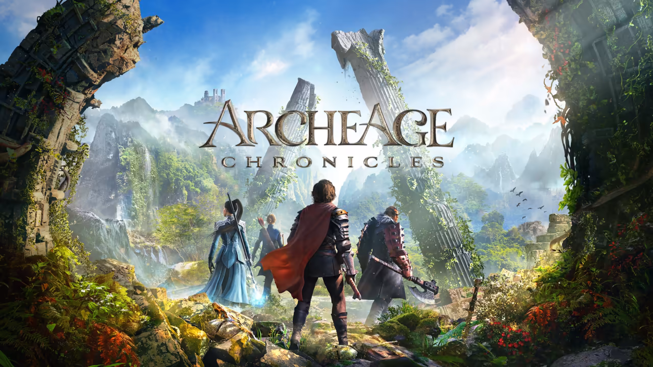 Key art. Sunlit jungle valley framed by a vine-covered stone arch at left and a ruined wall at right, with two huge broken columns leaning across the sky. In the foreground four figures stand on mossy rocks with their backs to the viewer: a man in dark armor with a long red cape at center, a woman in a long pale blue coat holding a glowing staff at left, an archer behind her, and a broad man in a dark coat holding a big axe at right. Waterfalls, green cliffs and a castle on a distant mountain fill the background. The words ArcheAge Chronicles stand in large bronze letters in the sky.