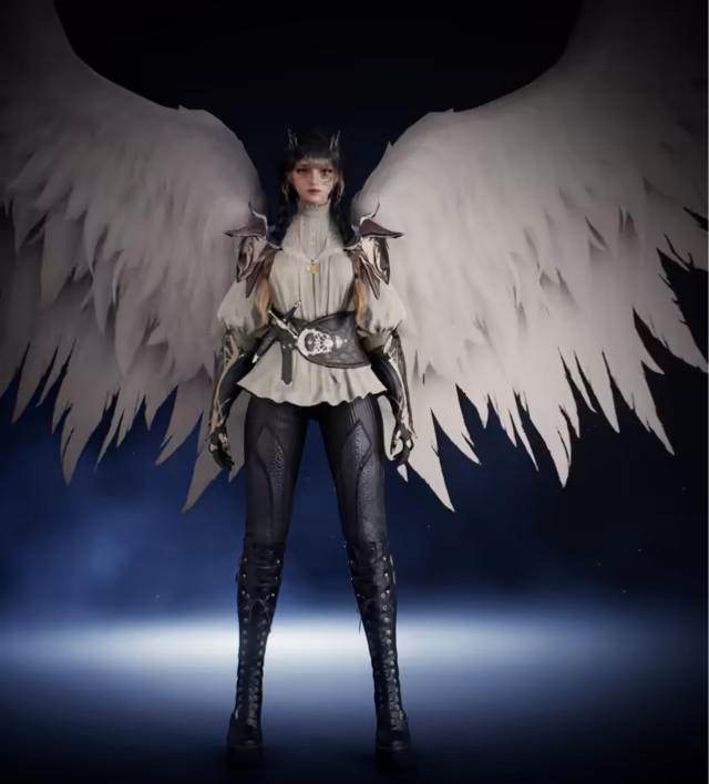 Front view of a young woman with dark braided hair and small horn-like hair ornaments, wearing a cream ruffled blouse with a high lace collar, a wide black belt, dark armored gauntlets, black trousers and tall lace-up boots, with large white feathered wings spread behind her on a dark blue background.