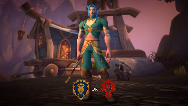 A tall man with pale skin, glowing eyes, long pointed ears and long blue hair in braids, with a short blue beard, holds a short wrapped staff and wears a green and cream top and cropped trousers with gold trim. Behind him, out of focus, are a blue wooden wagon with carved round windows and a lantern, and wooden scaffolding under a purple sky. At his feet the blue and gold Alliance lion crest and the red Horde emblem sit side by side with OR between them.