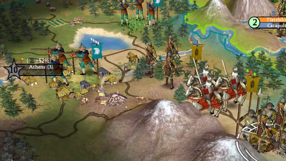 3D map of hills and forest. Mounted knights in red and white, foot soldiers and a catapult gather by a snow-capped mountain; a city label reads Athens with +52% beside it, and another label at the top right reads Tlatelolco, Catapult.