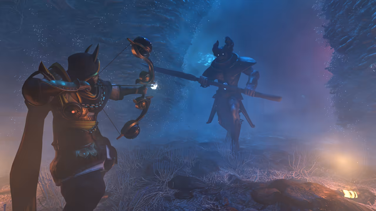 Blue misty light between walls of rough, coral-like rock. At left, seen from behind, a figure in a horned helmet and bronze armor draws an ornate bow with round fittings, an arrow glowing at its tip. Ahead a tall dark figure with a horned head and two glowing eyes strides forward holding a long spear across its body. No game interface is shown.