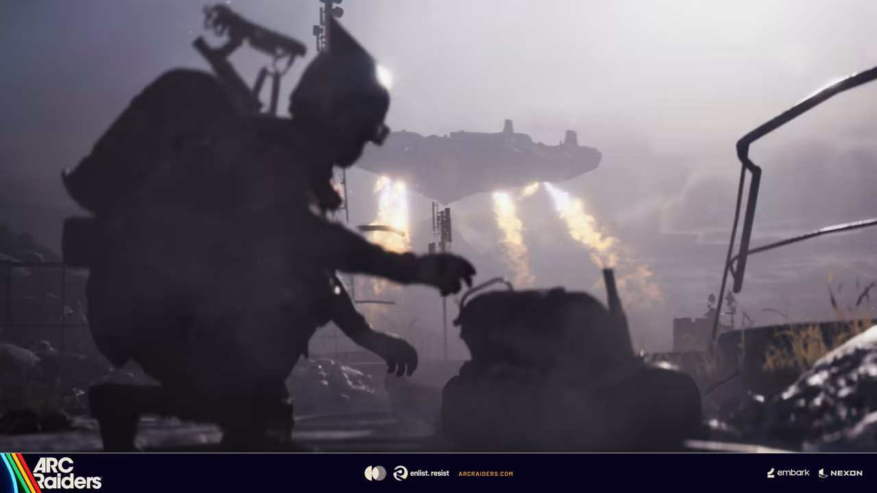 A dark figure with a pack kneels on a snowy slope; behind, a long flying machine with several flaming thrusters in gray haze.