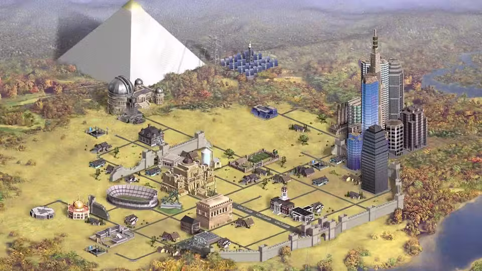 Painted overhead view of a sprawling city on a river plain: stone walls, rows of houses, a domed observatory, a stadium, glass skyscrapers, a field of blue solar panels and a huge white pyramid on the left.