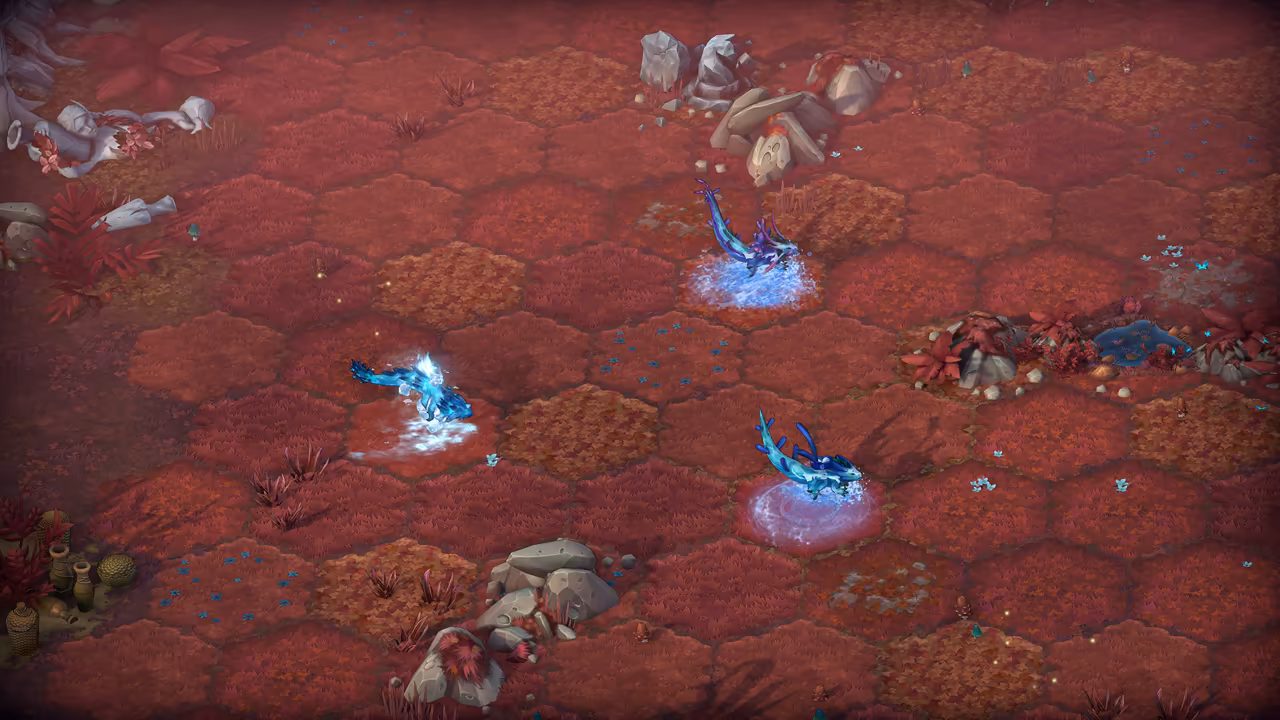 A battlefield of red leaves divided into hexagons, with gray rocks and pale tree roots. Three translucent blue creatures with long tails and fins, each throwing up a white splash of water, stand apart on the red ground.
