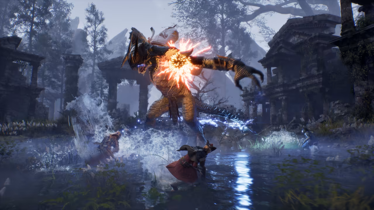 A misty flooded clearing among ruined stone temples and tall trees. A huge upright monster with golden scales, long clawed arms and a spiked head rears up at center, a bright starburst of light on its chest. Below it a fighter in a red coat and a dark wide-brimmed hat lunges low, another fighter leaps at left in a sheet of splashing water, and a third stands at right. Blue light streaks across the water. No game interface is shown.