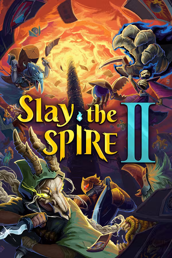 Tall painted cover: the words Slay the Spire in yellow lettering beside a big turquoise numeral two, a dark tower behind them in an orange sky full of flying cards, a horned skull-faced figure in green with a dagger at the bottom left and a skeleton with a scythe at the top right.