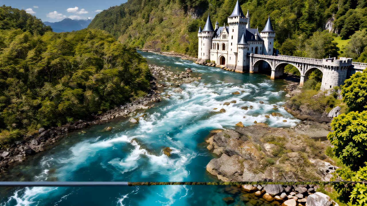 A white castle and bridge beside a rushing river