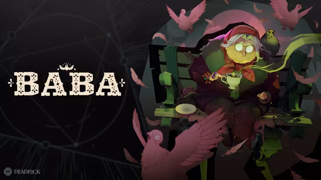 Painted old woman with a green face, round glasses and a red headscarf on a green bench, holding a teacup, with pink pigeons flying and perched around her, beside the word Baba.