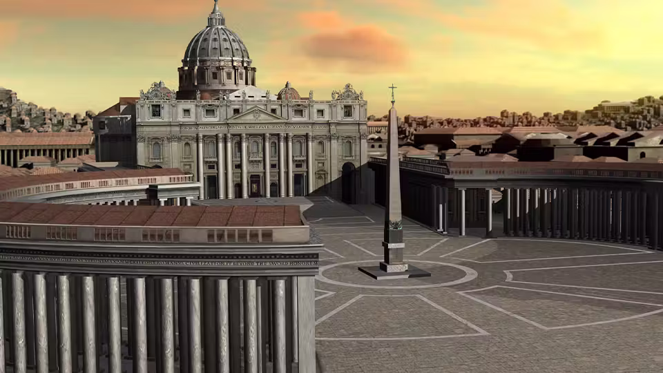 Rendered view of a great domed church at sunset, a wide square ringed by columns and an obelisk standing in the middle of the paved square.