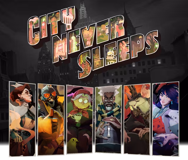 The words City Never Sleeps in big 3D letters, each filled with small painted city scenes, above six portrait cards of new heroes in a row, against a gray night skyline.