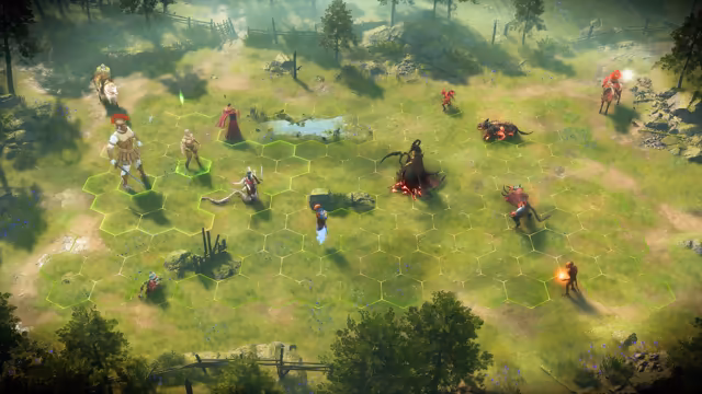 A sunlit 3D meadow seen from above at an angle, with trees and a fence. A faint hex grid covers the ground; green hexes glow around a soldier in a red-crested helmet at left. Armored soldiers, a robed figure and creatures face red beasts and a dark winged figure at right.