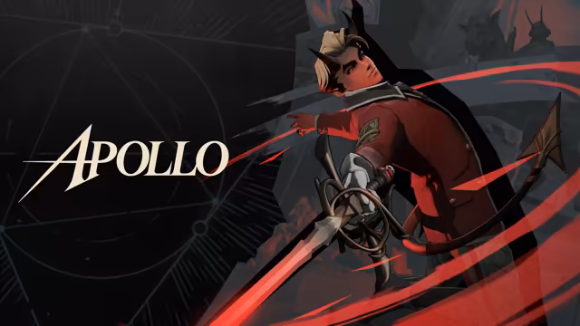 Painted man with slicked dark hair in a red military-style coat holding a rapier out in a lunge, red slashes of light across a dark background, beside the word Apollo.