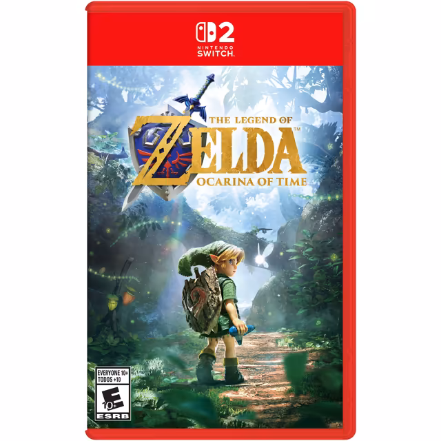 A red game case with a Nintendo Switch 2 logo at the top. The cover shows The Legend of Zelda logo in gold letters over a blue shield and a sword, with Ocarina of Time beneath, above a boy in a green cap and tunic holding a blue ocarina on a forest path. An ESRB Everyone 10+ rating box sits at bottom left.