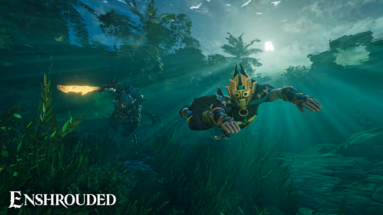 Sunlight streams down through green water. In the center a figure in a gold mask with horns and dark armor swims forward with arms spread. At left another dark-armored figure holds out a blade glowing gold. Tall seaweed sways below and the surface ripples above. The Enshrouded logo is at bottom left.