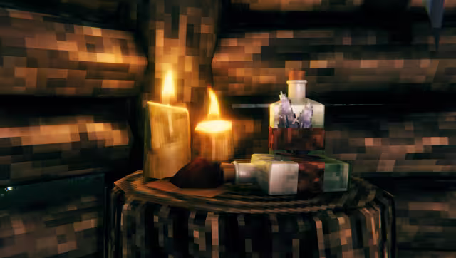 Close-up of lit candles and several square and round glass bottles with dark and violet contents standing on a cut tree stump in a wooden hut