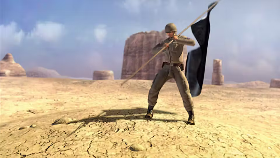 Rendered scene of a soldier in a helmet and tan uniform driving a pole with a dark flag into dry, cracked earth, with red mesas and a blue sky behind.