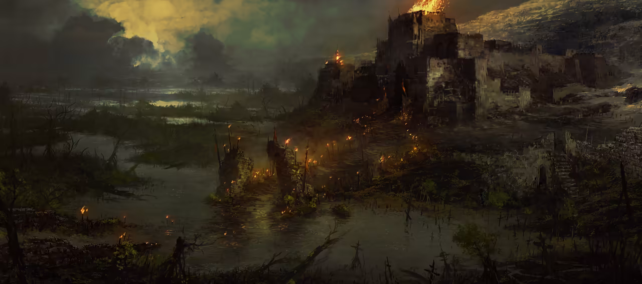 A gloomy painted landscape: flat black water and reeds in the foreground, small flames on posts scattered across it, and on the right a broken stone fortress with fire on its towers beneath green-yellow storm clouds.