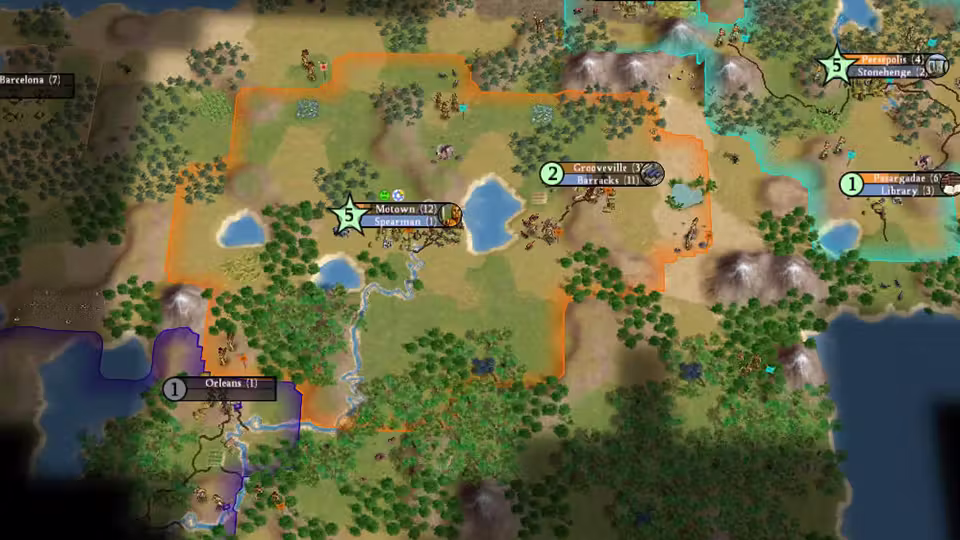 3D map seen from high above: forests, lakes and hills divided by colored border lines, with city labels including Motown, Spearman; Grooveville, Barracks; Orleans; and Persepolis, Stonehenge.