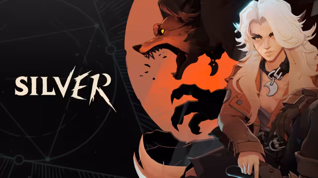 Painted young woman with long white hair, a crescent pendant and a brown jacket, in front of a huge red circle with the silhouette of a snarling wolf's head, beside the word Silver.