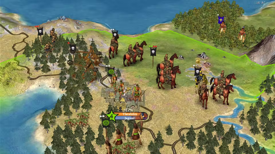 3D map of grass, forest and a river. Several mounted units with black banners stand near a small city labeled Tlatelolco, Jaguar; a bright green border line runs along the hills.