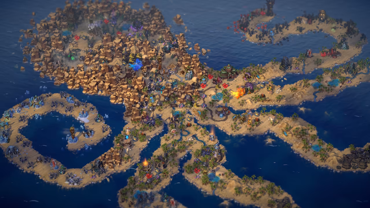 A bird's eye view of a map that is mostly dark blue water. Long curving islands of pale sand with palm trees, blue pools and small buildings loop through it, joined to a large island of brown rock pillars on the upper left. A fiery creature glows orange near the center.