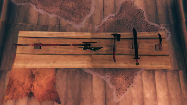 Four dark metal weapons with red-wrapped handles, a long atgeir, an axe, a sword and a knife, hung side by side on wooden planks above two hide rugs.