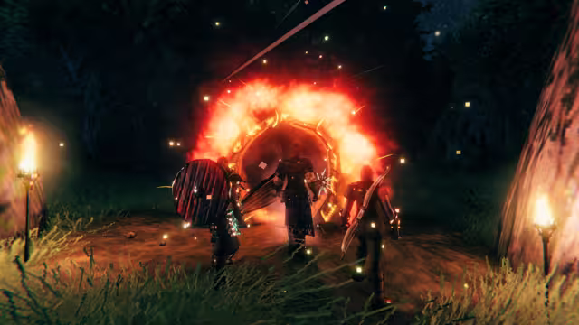 Night-time screenshot from behind three armored Vikings, one with a round shield, one with a sword and one with a bow, walking along a torch-lit path into a ring-shaped portal blazing with orange fire