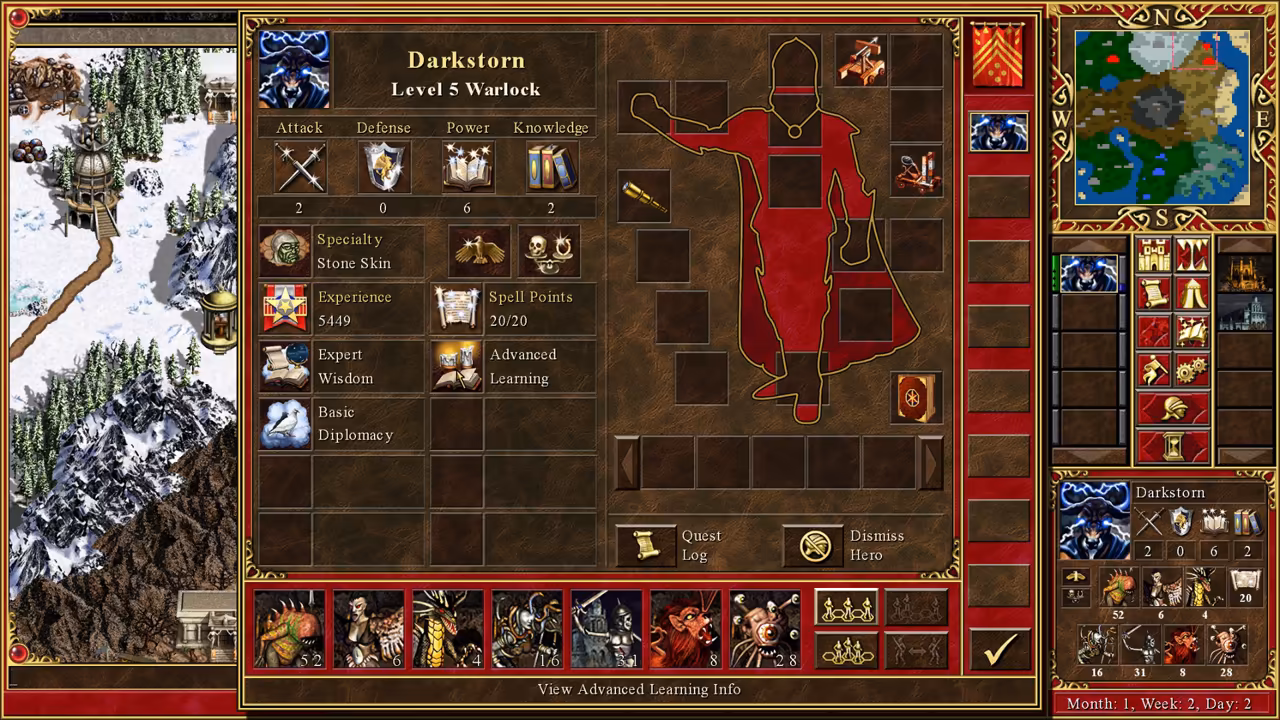 A brown panel titled Darkstorm, Level 5 Warlock, shows four primary skills with icons (2, 0, 6, 2), the specialty Stone Skin, experience 5449, spell points 20 of 20 and three secondary skills: Expert Wisdom, Advanced Learning and Basic Diplomacy. At right is a red figure outline with artifact slots, and a row of creature portraits runs along the bottom.