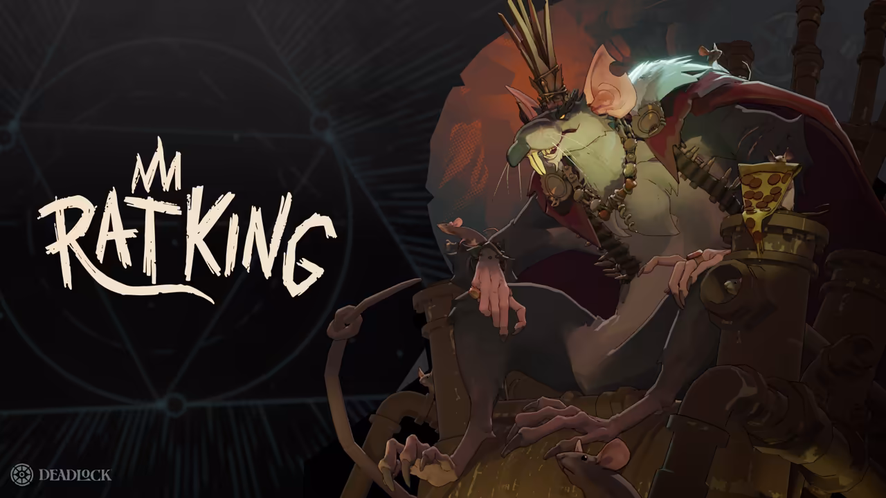 Painted large rat with a long snout, a ragged cape and a spiky crown made of scrap, sitting on a pile of trash and holding a slice of pizza, beside the words Rat King.