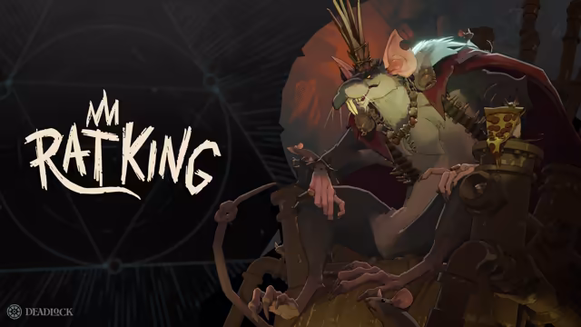Painted large rat with a long snout, a ragged cape and a spiky crown made of scrap, sitting on a pile of trash and holding a slice of pizza, beside the words Rat King.