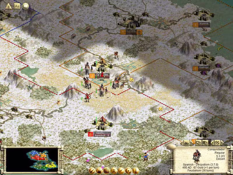 Isometric map of snowy tundra and mountains with mounted soldiers in a cluster, a red dotted border, and cities labeled London, Hastings, Warwick and Seville, Aqueduct 9. A panel reads Conquistador, Regular, Spanish Despotism, 490 AD, Feudalism 36 turns.