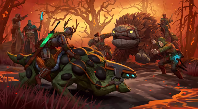 Painted artwork of armored Vikings, one riding a green armored lizard and holding a glowing green sword, beside a large furry creature with a stone-like face, among burnt trees and streams of lava.