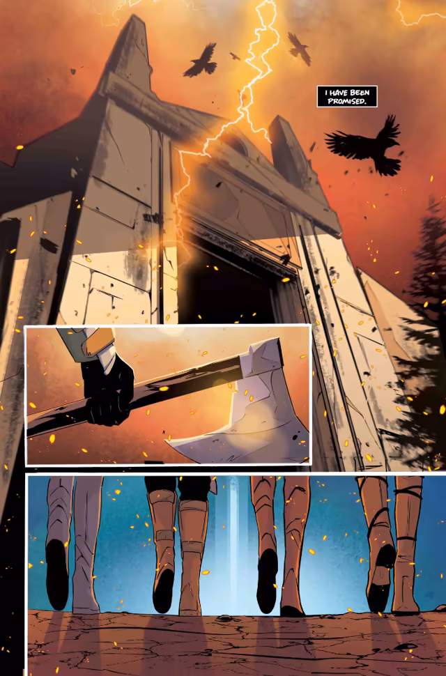 A colored comic page: a towering stone temple with a dark doorway under an orange sky, struck by lightning and circled by ravens; an inset of a black-gloved hand holding a large axe; and a bottom panel of four pairs of booted legs walking across cracked ground toward a beam of blue light.