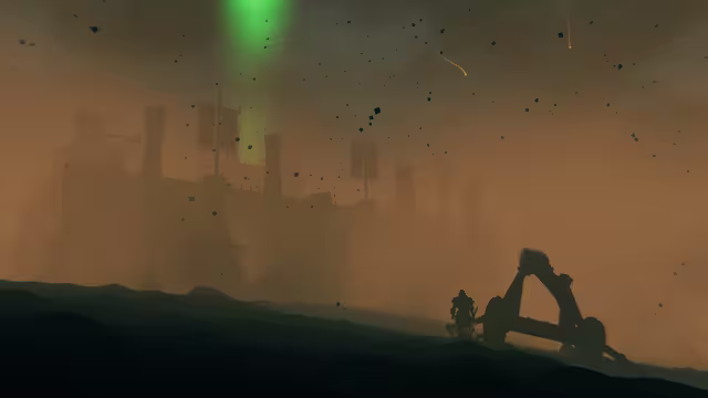 Silhouette of an armored Viking next to a wheeled wooden catapult on a dark ridge, with the walls, towers and banners of a fortress looming through orange ash haze and a green beam of light rising behind it.