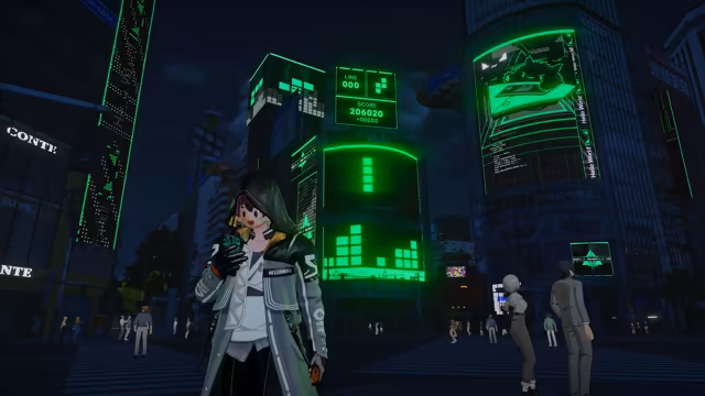 Night at a wide pedestrian crossing: in front, a figure in a black hood with a flat cartoon face of red eyes and an open smile, wearing a gray and white jacket marked HELLOWORLD, holds up a gloved hand with a glowing green object. Behind, tower screens glow green with falling-block shapes, a LINE 000 and SCORE 206020 display and a screen reading Hello World, while people cross under dark skyscrapers.