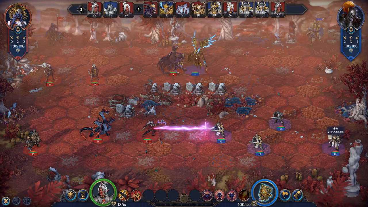 A battlefield of crimson grass hexagons among pale twisted trees. A bright pink beam crosses the middle from a dark figure on the left to a white-armored knight on the right. Units with red tags stand on the left, including a black hydra, and units with blue tags on the right; hero portraits sit in both top corners and the turn order runs across the top.