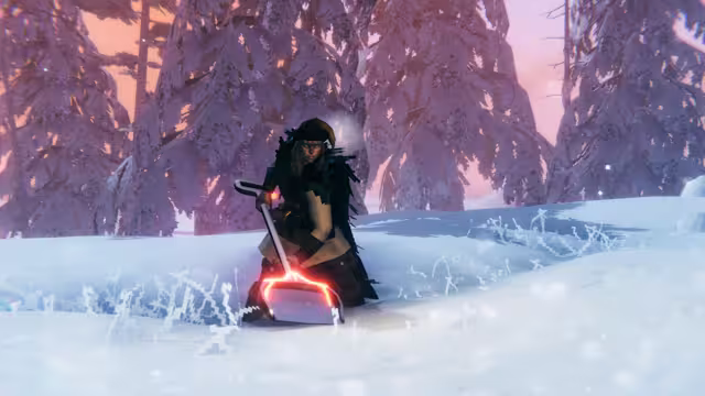 Screenshot of a Viking holding a shovel on a snow-covered slope among snowy conifers, with a cleared patch of ground in front of them
