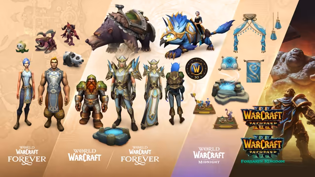 On a parchment background split into angled panels sit the bundle rewards: a man and an elf woman in matching gray and blue outfits with four small pets under the Forever logo; an armored brown bear mount, a blue feathered mount with a rider, a dwarf in green and bronze armor, two elves in white and gold armor, a figure seen from behind with a backpack, a glowing stone well and a 30-day Game Time token under the World of Warcraft and Forever logos; blue and white housing decor and two figurines under the Midnight logo; and the Warcraft III Reforged and Forsaken Kingdom logos beside a hulking brute and an armored warrior.