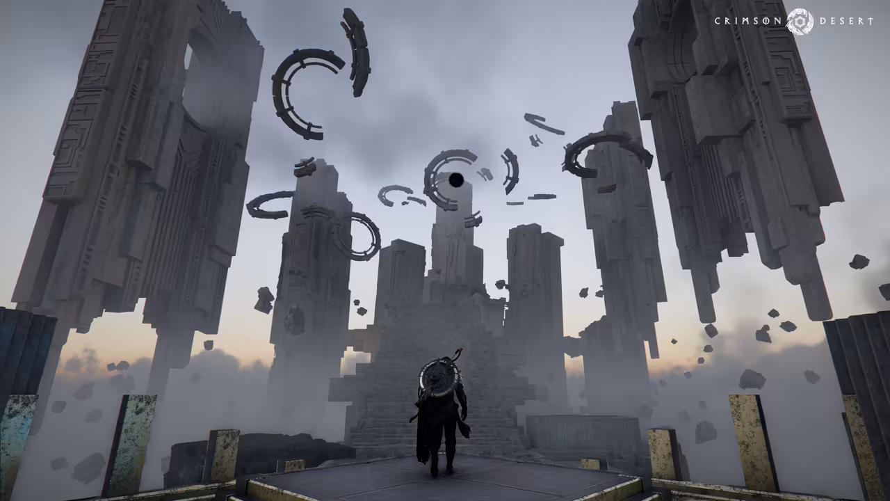 Under a pale, misty sky, giant gray pillars carved with angular patterns rise on both sides of a stone stairway. A figure with a round shield on his back walks up the steps toward them. Broken stone rings, curved fragments and loose blocks hang in the air, and a small black sphere floats at the center of one ring.