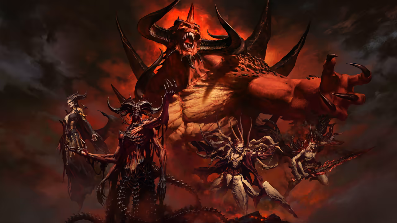 A painting dominated by a giant red demon with long horns and spikes along his back, roaring and reaching toward the viewer. Smaller demons crowd at his feet: a horned woman in dark armor at left, a thin skeletal demon, and pale spiky creatures.