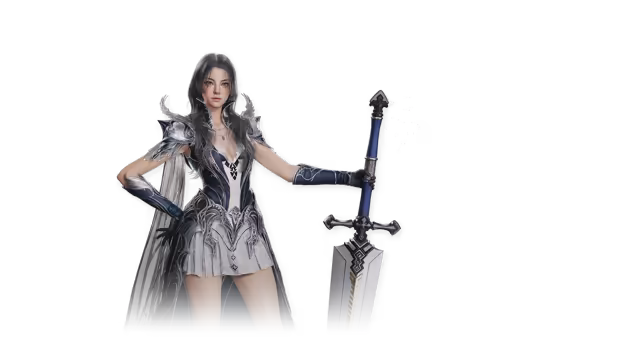 A woman with long black hair in ornate silver and dark blue armor, a short white skirt and a long gray cape stretches out her left arm to grip the hilt of an enormous greatsword standing upright beside her, on an empty background.