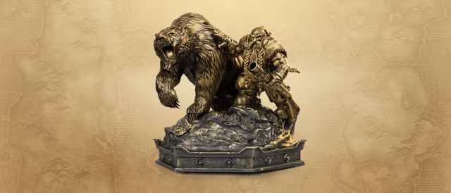 A bronze-colored statue on a faded parchment map background: a huge bear rears up with its mouth open in a roar, and beside it a dwarf with a long braided beard, a fur-trimmed coat and a long gun stands on a rock covered in small plants, all on a hexagonal base set with diamond studs.