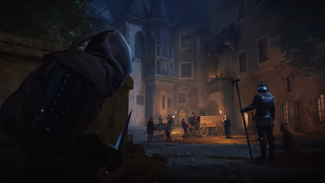 Dark view over the shoulder of a hooded man holding a dagger, looking down at a castle courtyard lit by torches: a helmeted guard with a polearm, people beside a wooden cart and tall stone buildings.