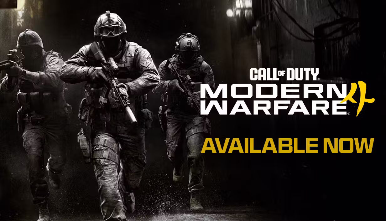 Black and white image of three armed soldiers walking toward the camera in a narrow alley. At right, the words Call of Duty Modern Warfare with a yellow Korean character after them, and Available Now in yellow.