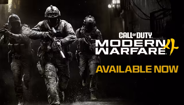 Black and white image of three armed soldiers walking toward the camera in a narrow alley. At right, the words Call of Duty Modern Warfare with a yellow Korean character after them, and Available Now in yellow.