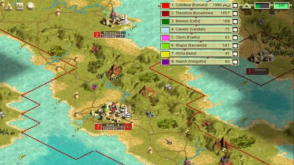A scoreboard at upper right lists eight players with scores: Romans, Byzantines under Theodora, Celts under Brennus, Vandals, Franks under Clovis, Sassanids under Shapur, Huns under Attila and Visigoths under Alaric. Below and left, a map of Italy with Rome and Ravenna building Legionaries.